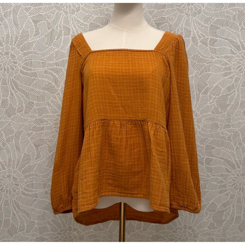 Madewell Fall Rust Orange Ochre Windowpane Plaid Square Neck Peplum Gauze Top L